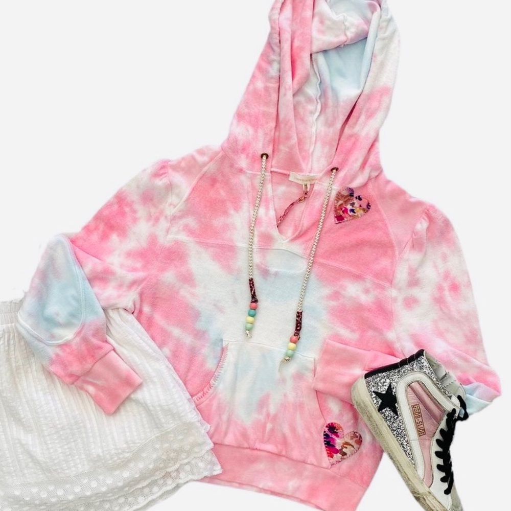 NWT LOVE SHACK FANCY Kirby Hoodie Sweatshirt Pullover sz S 100% Cotton Pink Blue
